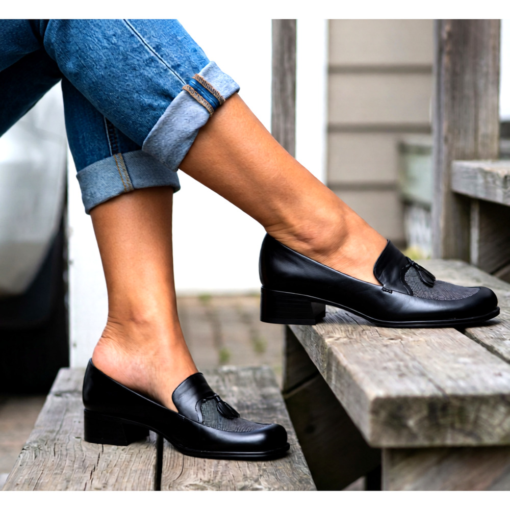 Etienne Aigner Black Leather Gray Tweed Classic Shoes Loafers NWT 8